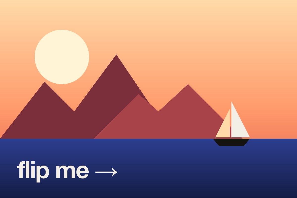 Original photo of a sunset with mountains and a sailboat, text reading flip me
